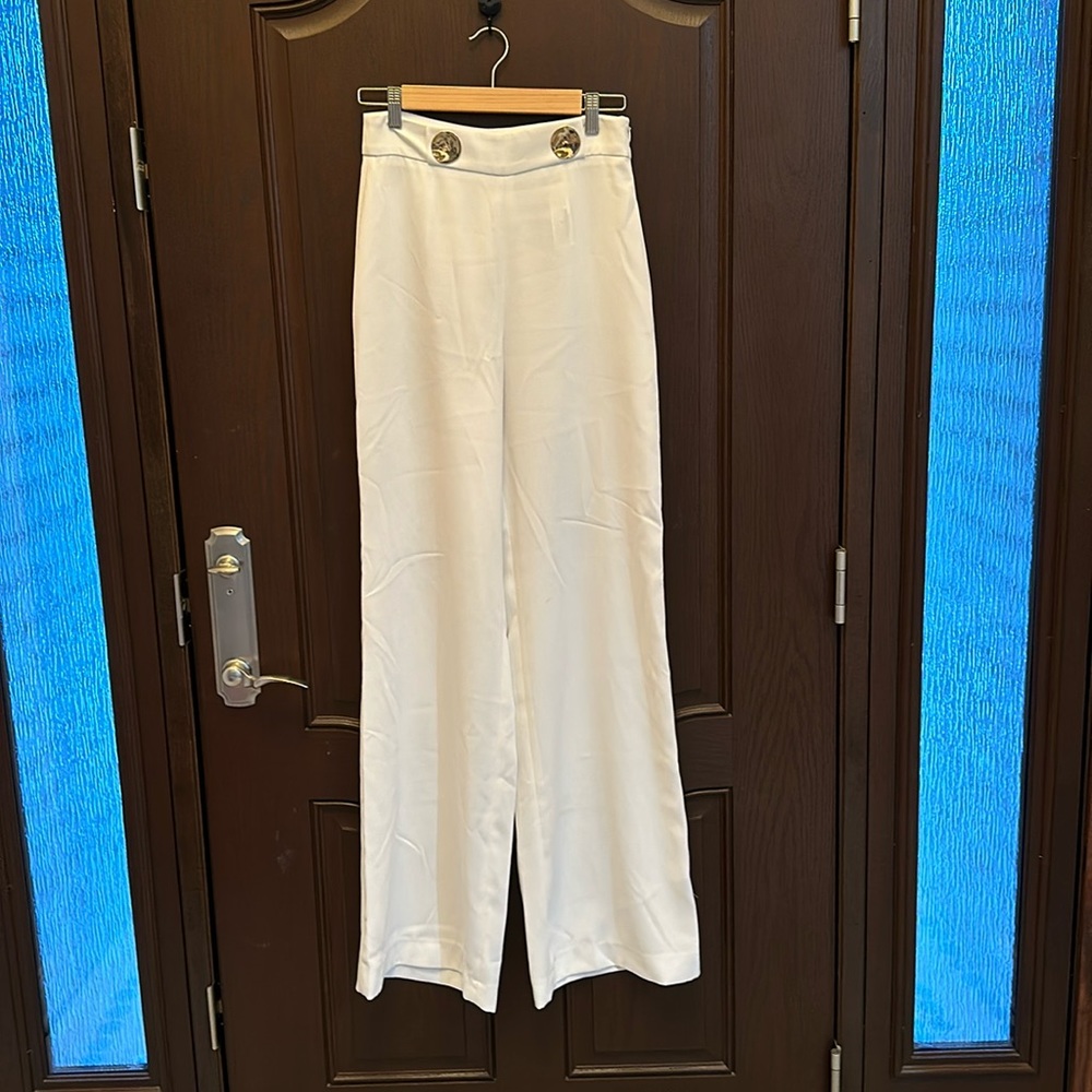 Zara White Wide Leg Pants with Gold Button Detail